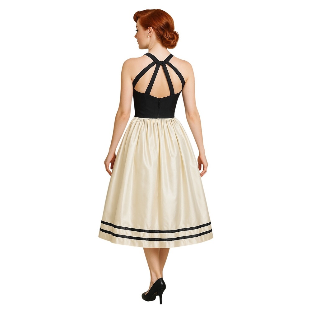 VINTAGE 1950s Black & Ivory Fit-and-Flare Dress with‎ Strappy Open Back New Look